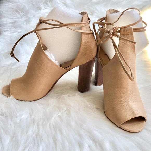 Splendid Jaylen Tan Leather Open Toe Booties Boots Ankle Tie Platform Heels 6.5​ - Picture 5 of 16